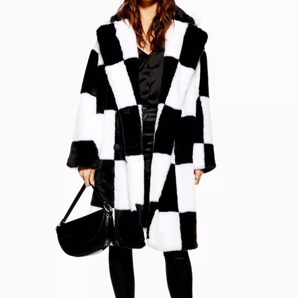 Topshop Jackets & Blazers - Topshop Checkerboard Faux Fur Long Coat SM 4-6 NWT